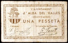 Alba del Vallès. 25, 50 céntimos y 1 peseta. (T. 63, 64a y 65a). 3 billetes, todos los de la localidad. Raros. BC/MBC-.