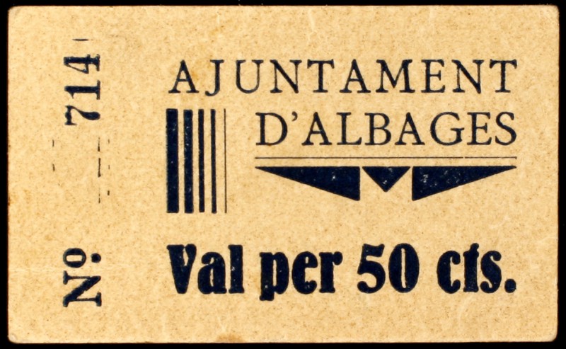 Albagés, l'. 25, 50 céntimos y 1 peseta. (T. 66, 67 y 68a). 3 cartones, serie co...