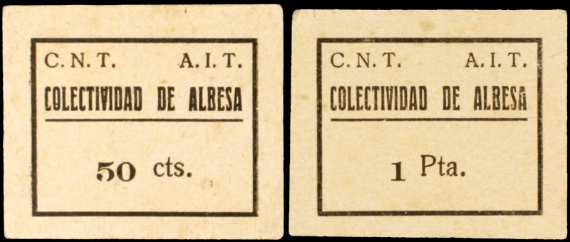 Albesa. Colectividad C.N.T. - A.I.T. 50 céntimos y 1 peseta. (T. 79 var y falta)...