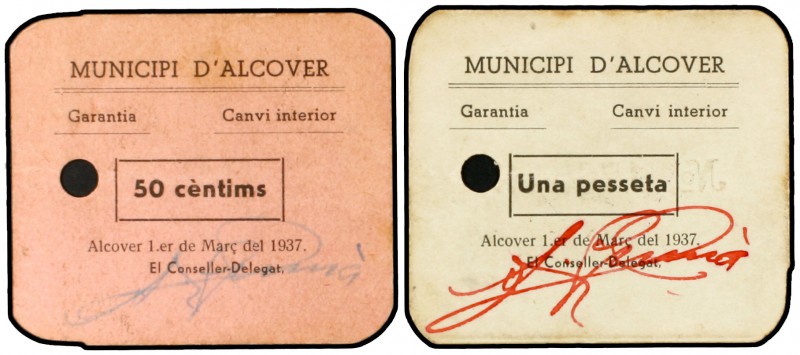 Alcover. 50 céntimos y 1 peseta. (T. 106 var y 107). 2 cartones, serie completa....