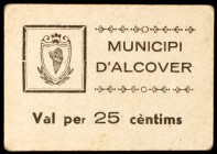Alcover. 25, 50 céntimos y 1 peseta. (T. 108a, 109 y 110). 2 billetes, serie completa, y un cartón. Raros. EBC-/EBC+.