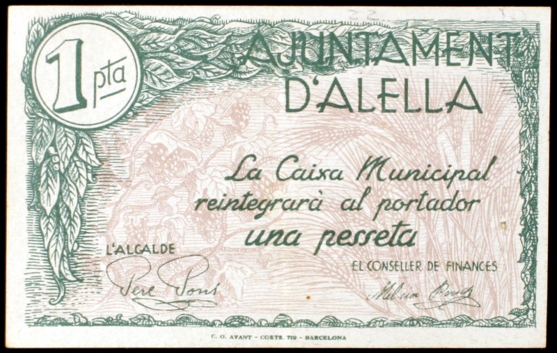 Alella. 25, 50 céntimos y 1 peseta. (T. 116 a 118). 3 billetes, serie completa. ...