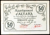 Alfara dels Ports. 25, 50 céntimos y 1 peseta. (T. 119, 120 y 121b). 3 billetes, todos los de la localidad. El de 25 céntimos sin numerar (roto y pega...