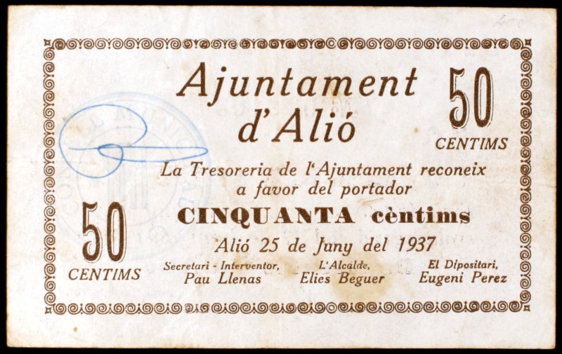 Alió. 50 céntimos y 1 peseta. (T. 149 y 150). 2 billetes, todos los de la locali...