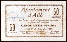 Alió. 50 céntimos y 1 peseta. (T. 149 y 150). 2 billetes, todos los de la localidad. Escasos. MBC-.