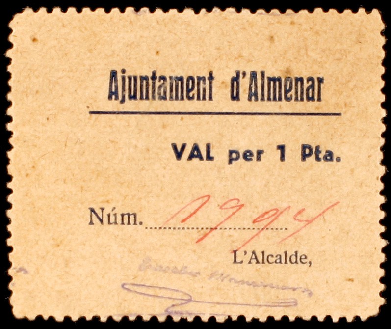 Almenar. 1 peseta. (T. 165 var). Cartón impreso en negro, numeración manuscrita ...