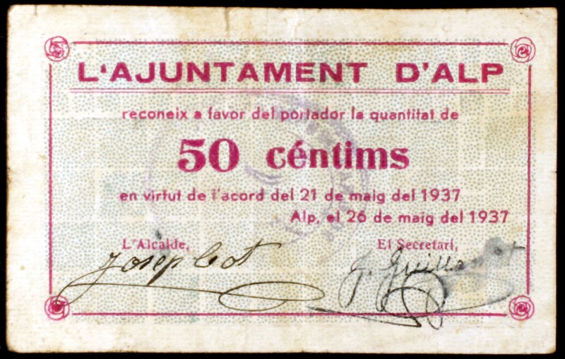 Alp. 50 céntimos (dos) y 1 peseta (dos). (T. 179ab, 180a, 181 y 182 var). 4 bill...