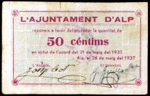 Alp. 50 céntimos (dos) y 1 peseta (dos). (T. 179ab, 180a, 181 y 182 var). 4 billetes, todos los de la localidad. Uno de 50 céntimos con tampón violeta...