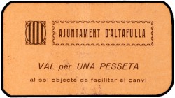 Altafulla. 25, 50 céntimos y 1 peseta (dos). (T. 183 a 186). 2 cartones y 2 billetes, todos los de la localidad. Conjunto raro. MBC-/EBC.
