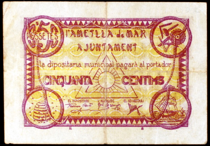 Ametlla de Mar, l'. 25, 50 céntimos (dos) y 1 peseta (dos). (T. 189 a 193). 5 bi...