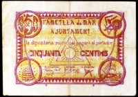 Ametlla de Mar, l'. 25, 50 céntimos (dos) y 1 peseta (dos). (T. 189 a 193). 5 billetes, todos los de la localidad. BC/MBC.