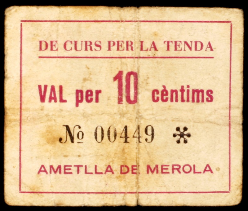 Ametlla de Merola, l'. De curs per la tenda. 10 céntimos. (T. 196). Raro. BC+.