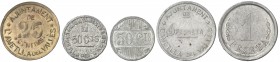 Ametlla del Vallès, l'. 25, 50 céntimos (dos) y 1 peseta (dos). (T. 199 a 203). Aluminio y latón. 5 monedas, todas los de la localidad. Raras. MBC-/EB...
