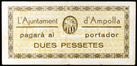 Ampolla, l'. 50 céntimos, 1 y 2 pesetas. (T. 206a, 207 y 208). 3 billetes, serie completa. Escasos. MBC-/MBC.