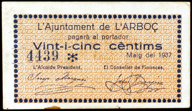Arboç, l'. 25 céntimos (dos) y 1 peseta. (T. 225 a 227). 3 billetes, una serie c...