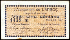 Arboç, l'. 25 céntimos (dos) y 1 peseta. (T. 225 a 227). 3 billetes, una serie completa. El de 1 peseta, nº 0187. MBC-/EBC-.
