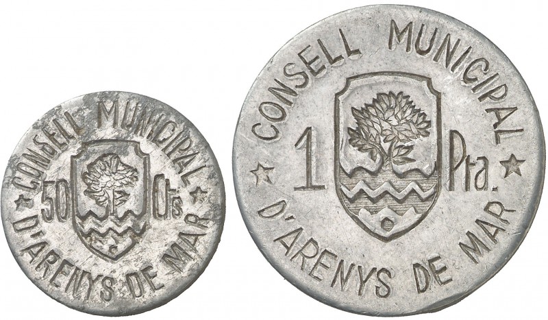 Arenys de Mar. 50 céntimos y 1 peseta. (T. 245 y 246). 2 monedas en aluminio, se...