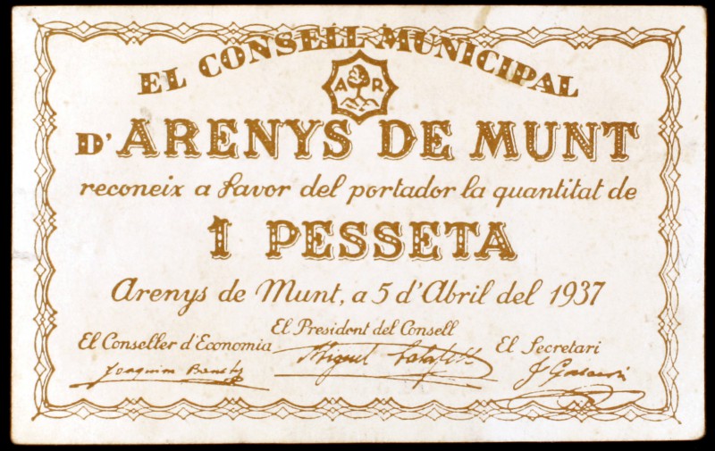 Arenys de Munt. 50 céntimos y 1 peseta. (T. 247a y 248). 2 billetes, todos los d...