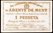 Arenys de Munt. 50 céntimos y 1 peseta. (T. 247a y 248). 2 billetes, todos los de la localidad. MBC/MBC+.