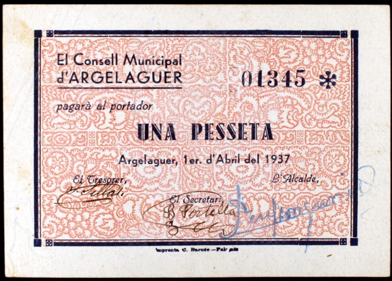 Argelaguer. 25, 50 céntimos, 1 y 2 pesetas. (T. 249c, 250e, 251b y 252a). 4 bill...