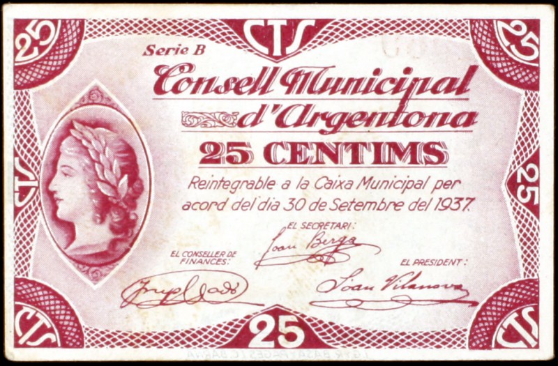 Argentona. 25 céntimos y 1 peseta. (T. 260a y 261). 2 billetes, todos los de la ...
