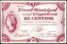Argentona. 25 céntimos y 1 peseta. (T. 260a y 261). 2 billetes, todos los de la localidad. MBC+/EBC-.