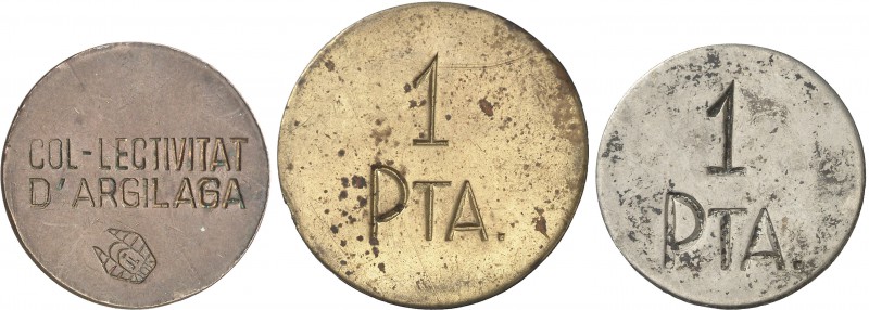 Argilaga, l'. 1 peseta. (T. 262 y 262 var). 3 monedas en distintos metales, dos ...