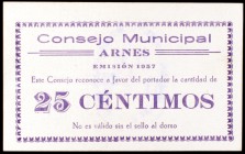 Arnes. 25, 50 céntimos y 1 peseta. (T. 269 a 271). 3 billetes, serie completa. Ex Colección Lluís Companys 03/02/2016, nº 55. Rarísimos. BC+/EBC+....
