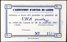 Artesa de Lleida. 25 (dos), 50 céntimos (dos) y 1 peseta (dos). (T. 284b, 285, 286b y 287 a 289). 6 billetes, todos los de la localidad. El de 50 cént...