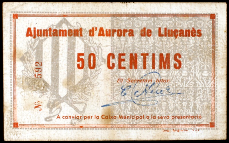 Aurora de Lluçanès. 50 céntimos y 1 peseta. (T. 305a y 306). 2 billetes, todos l...