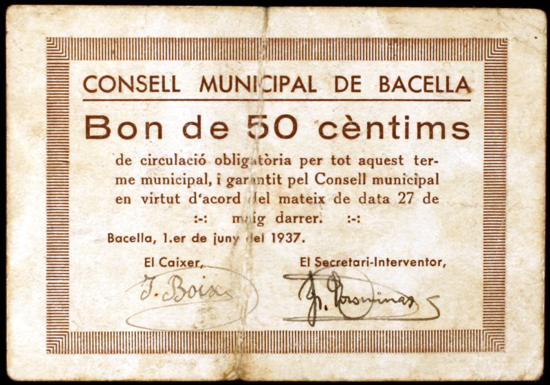 Bacella. 25, 50 céntimos y 1 peseta. (T. 315b, 316 y 317d). 3 cartones, todos lo...