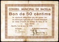 Bacella. 25, 50 céntimos y 1 peseta. (T. 315b, 316 y 317d). 3 cartones, todos los de la localidad. Raros. BC/MBC-.