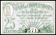 Badalona. Unió de Cooperadors. 10, 25, 50 céntimos, 1 y 10 pesetas. (T. 318 a 322). 5 billetes, todos los de la localidad. Conjunto raro. Sólo figurab...