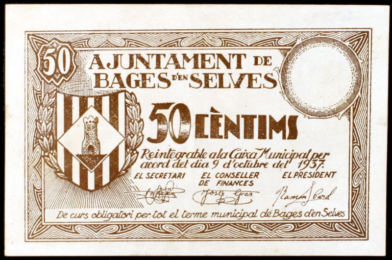 Bages d'en Selves. 25, 50 céntimos y 1 peseta. (T. 330b, 331b y 332c). 3 billete...