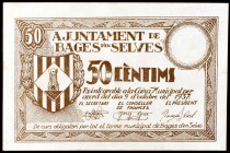 Bages d'en Selves. 25, 50 céntimos y 1 peseta. (T. 330b, 331b y 332c). 3 billetes, todos los de la localidad. Escasos. MBC+/EBC.