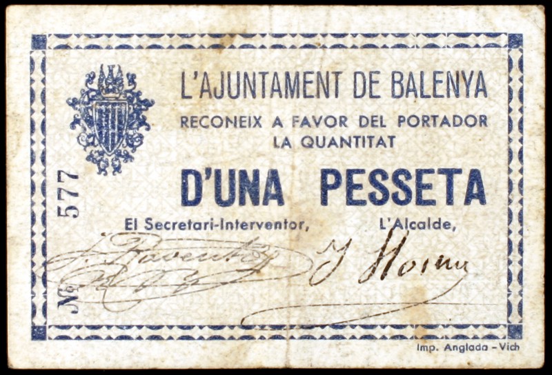 Balenyà. 50 céntimos y 1 peseta. (T. 345 y 346b). 2 billetes, todos los de la lo...