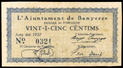 Banyeres. 25 céntimos y 1 peseta. (T. 353 y 354a). 2 billetes, todos los de la localidad. Escasos. BC/MBC+.