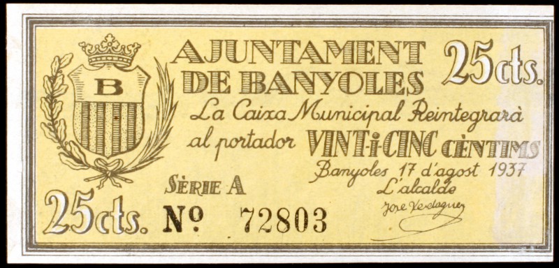 Banyoles. 25, 50 céntimos y 1 peseta (dos). (T. 355, 356a, 357 y 358). 4 billete...
