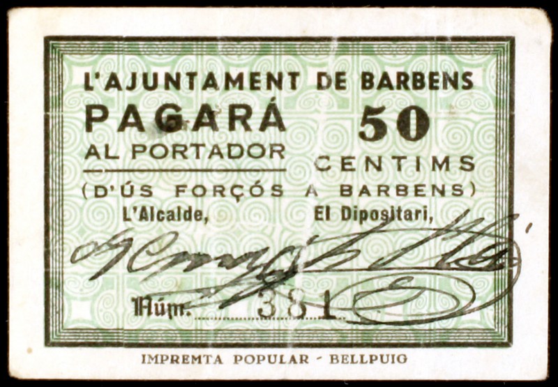 Barbens. 25, 50 céntimos y 1 peseta. (T. 360a, 361 var y 362). 3 billetes, una s...