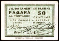 Barbens. 25, 50 céntimos y 1 peseta. (T. 360a, 361 var y 362). 3 billetes, una serie completa. El de 50 céntimos con la firma estampillada y el sello ...