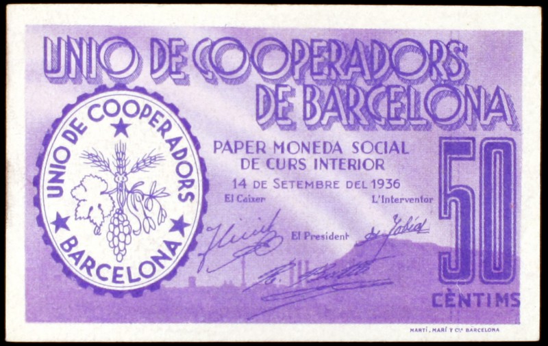 Barcelona. Unió de Cooperadors. 5, 10, 50 céntimos, 1 y 2,50 pesetas. (AL. 1064,...
