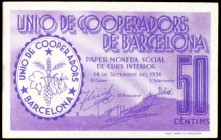 Barcelona. Unió de Cooperadors. 5, 10, 50 céntimos, 1 y 2,50 pesetas. (AL. 1064, 1065 y 1067 a 1069). 5 billetes. MBC-/MBC.