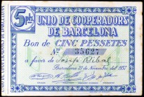 Barcelona. Unió de Cooperadors. 5 pesetas. (AL. 1077 a 1081). 5 billetes, en distintos colores. Escasos. MBC/EBC.