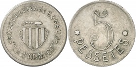 Barcelona. Cooperativa de Cosum La Formiga. 10 céntimos y 5 pesetas. (AL. 1089 y 1091). 2 monedas en distintos metales. MBC-/MBC+.