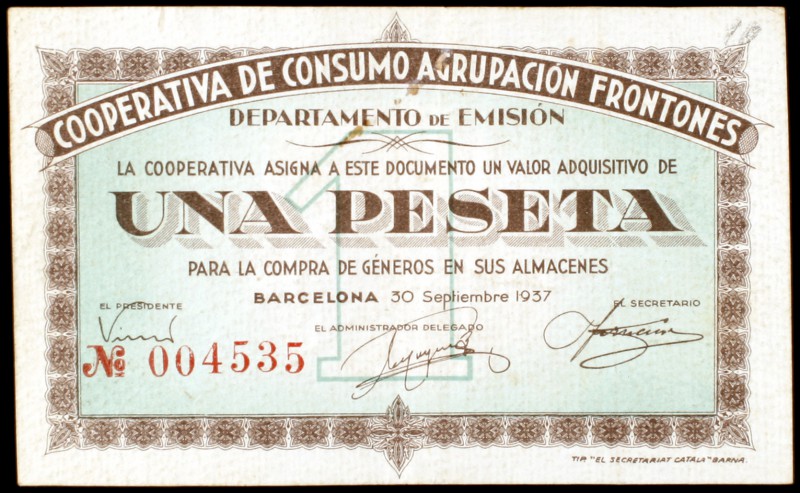 Barcelona. Cooperativa de Consumo Agrupación Frontones. 1 peseta. (AL. 1114). Mu...