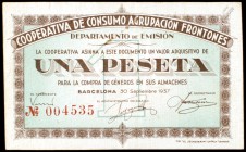 Barcelona. Cooperativa de Consumo Agrupación Frontones. 1 peseta. (AL. 1114). Muy raro. MBC.