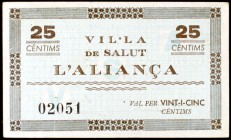 Barcelona. Vil.la de Salut L`Aliança. 5 y 25 céntimos. (AL. 1126 y 1128). 2 billetes. Escasos. MBC+/EBC.