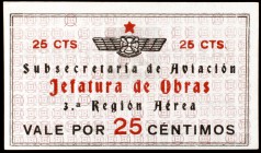 Barcelona. Subsecretaría de Aviación. Jefatura de Obras. 3.ª Región Aérea. 25 céntimos. (AL. 1212). Raro. MBC+.
