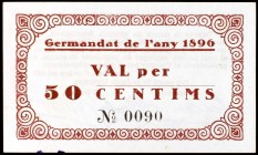 Barcelona. Germandat de l'any 1896. 50 céntimos y 1 peseta. (AL. falta). 2 billetes, nº 0090 y 0100. Raros y mas así. EBC-/EBC+.