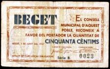 Beget. 50 céntimos y 1 peseta. (T. 397 y 398). 2 billetes, serie completa. Los 50 céntimos, nº 0023. Muy raros. BC/BC+.
